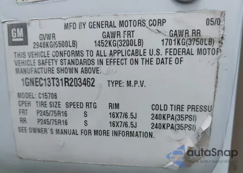 2001 Chevrolet Tahoe Ls z USA, uszkodzony, nr VIN 1GNEC13T31R203462